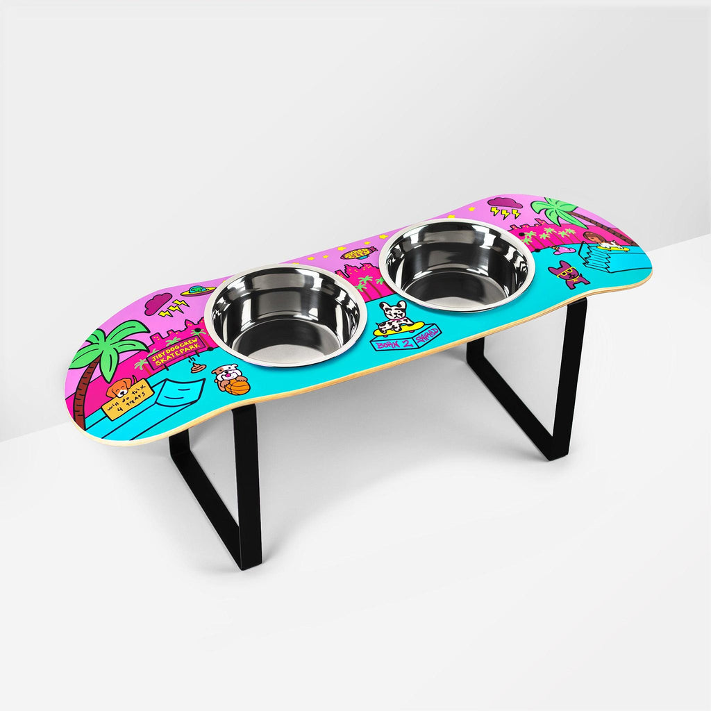 Shred City Skatebowl XL Tall | Elevated Dog Feeder | Raised Skateboard Dog Bowl Stand, Stainless Steel Bowls