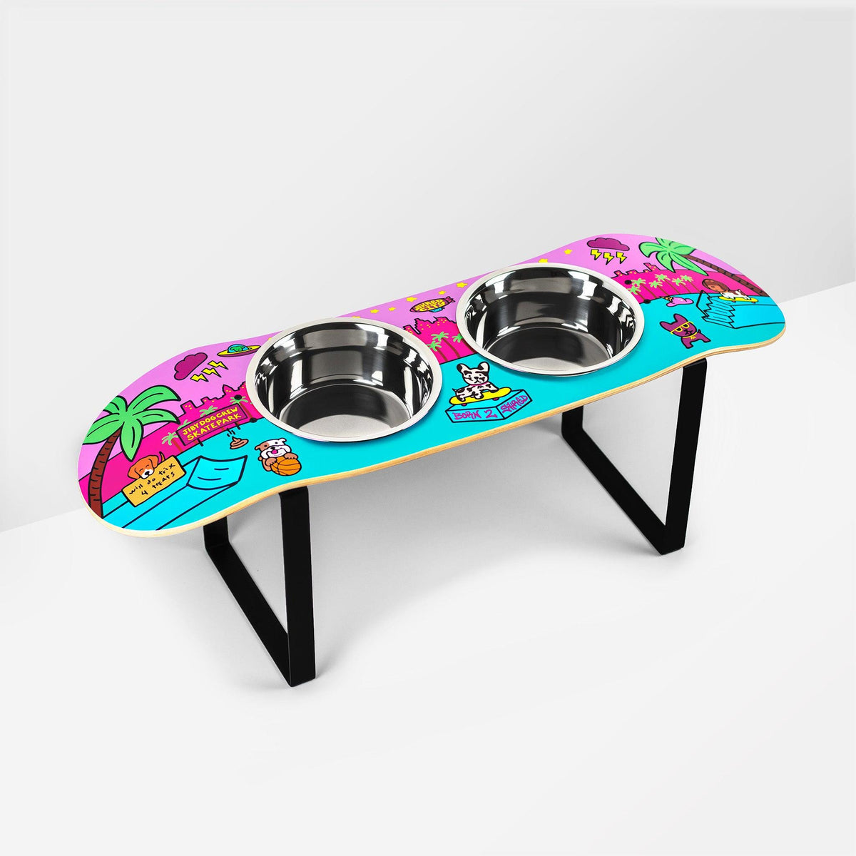 Shred City Skatebowl XL Tall | Elevated Dog Feeder | Raised Skateboard Dog Bowl Stand, Stainless Steel Bowls