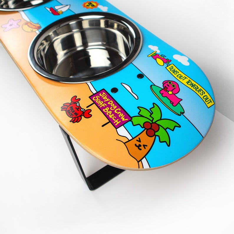 Surf City Skatebowl XL Tall | Elevated Dog Feeder | Raised Skateboard Dog Bowl Stand, Stainless Steel Bowls