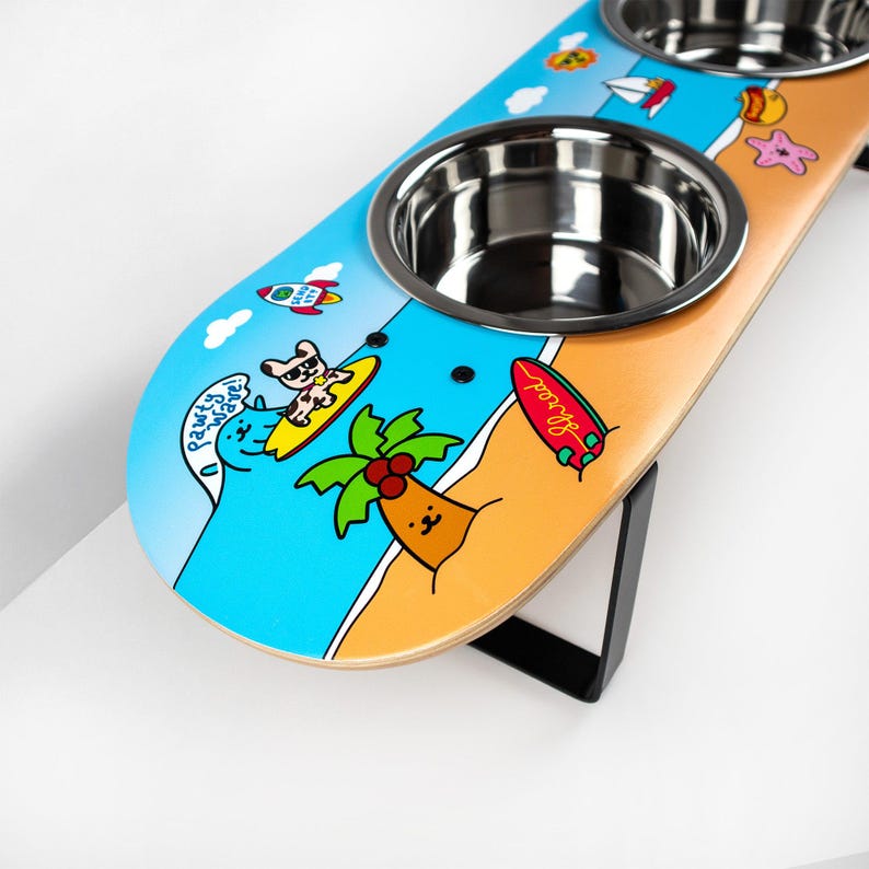 Surf City Skatebowl XL Tall | Elevated Dog Feeder | Raised Skateboard Dog Bowl Stand, Stainless Steel Bowls