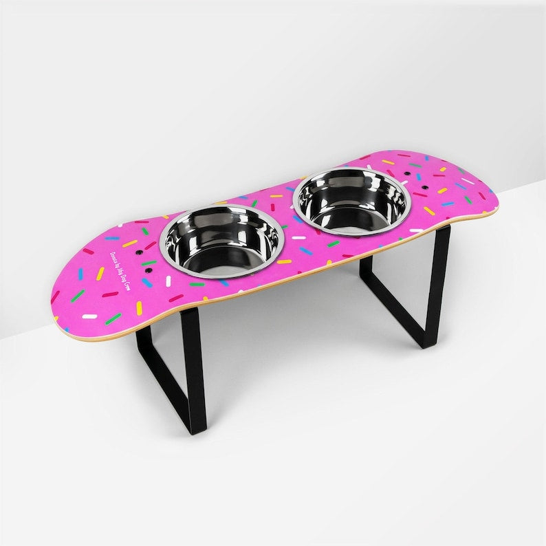Donut Skatebowl XL Tall | Elevated Dog Feeder | Raised Skateboard Dog Bowl Stand, Stainless Steel Bowls
