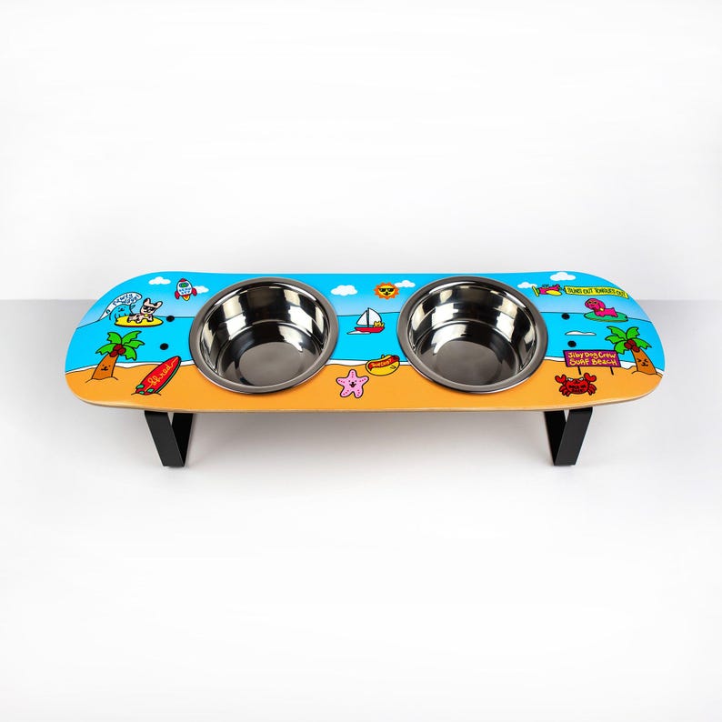 Surf City Skatebowl XL Tall | Elevated Dog Feeder | Raised Skateboard Dog Bowl Stand, Stainless Steel Bowls